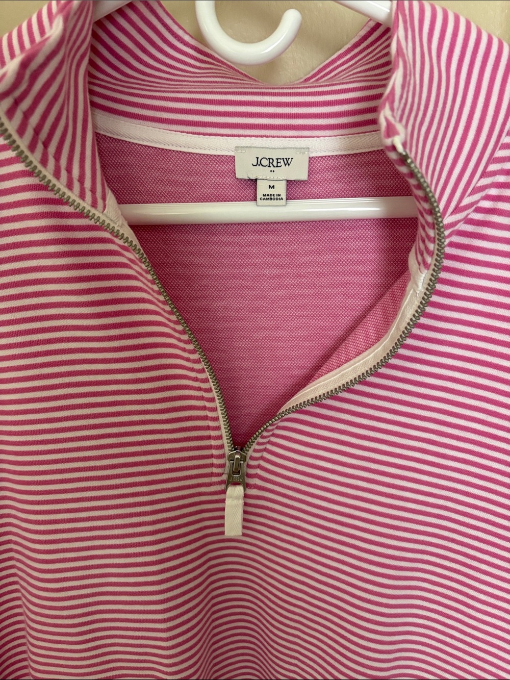 J. Crew Pink and White Striped Quarter-Zip Pullover